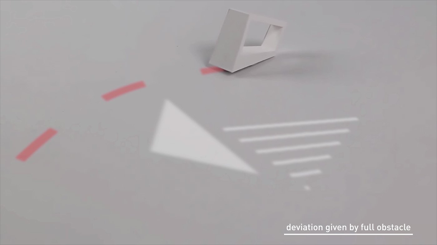 robot che devia la propria direzione a causa di un pattern pieno proiettato a terra che indica un ostacolo fisico che deve essere evitato 